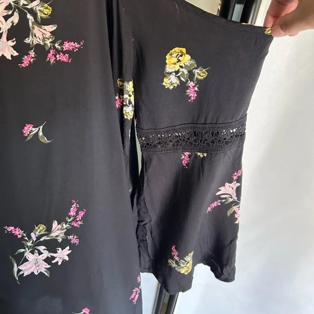 Xhilaration Womens Black Floral Cold Shoulder Pink Peasant Dress Size XXL